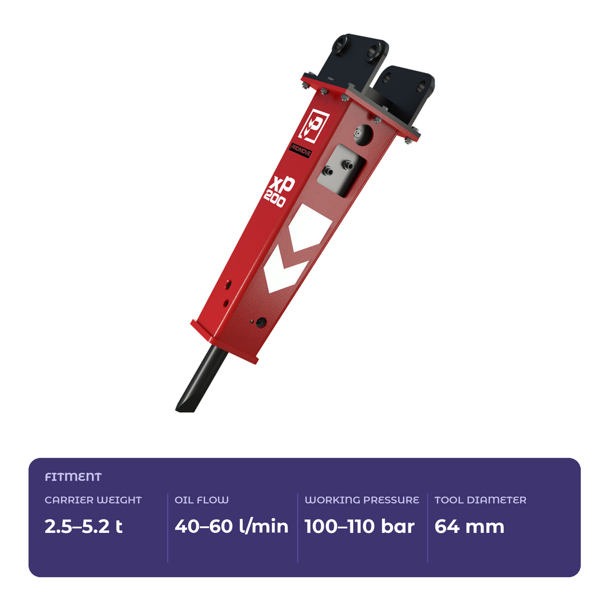 Passung Promove XP200 Hydraulikhammer: Trägergerät 2,5–5,2 t, Ölmenge 40–60 l/min, 100–110 bar, Meißel 64 mm