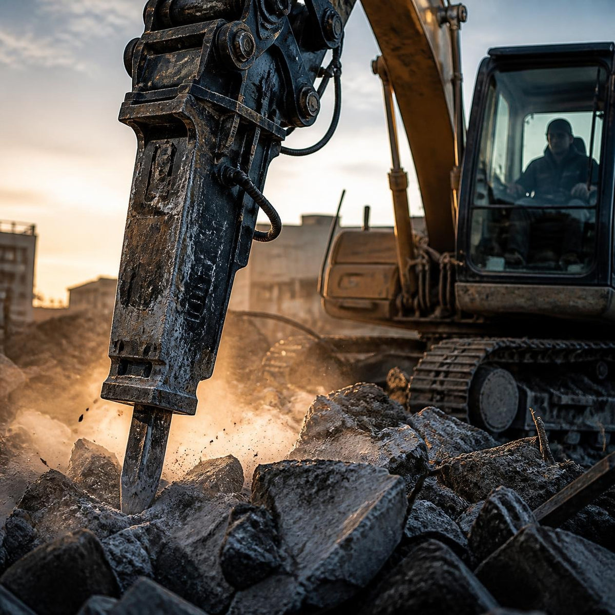 Hydraulic breaker on excavator breaking concrete — job-site lifestyle · Thunderline