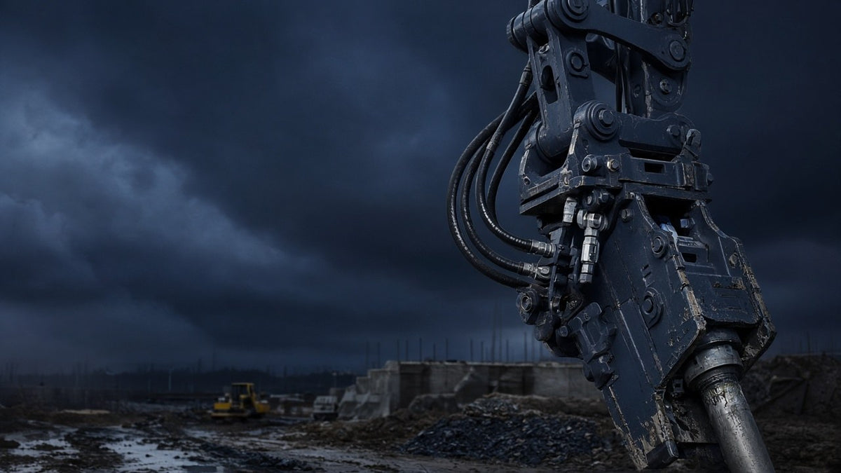 Excavator hydraulic hammer fitment — stormy site mood
